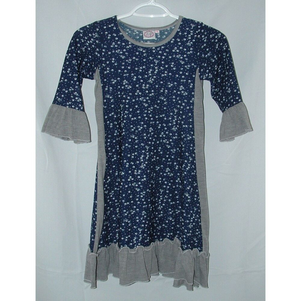 LILLI LOVEBIRD Girls Sz 8 Navy Floral & Gray Flounce Sleeve Stretchy Dress